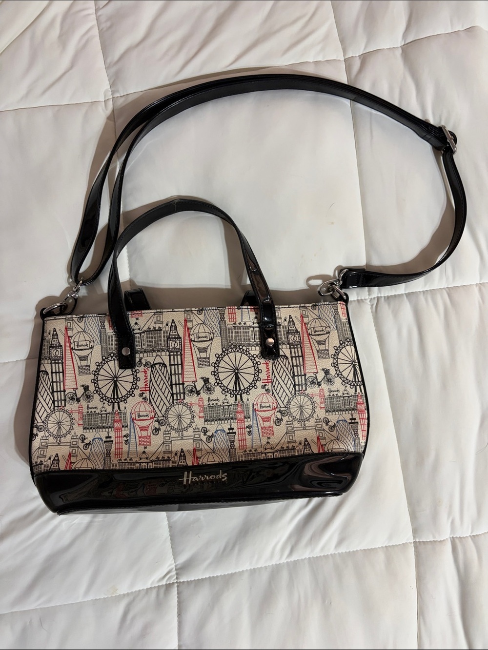 Harrods Black, Beige & Red London Print Shoulder Bag